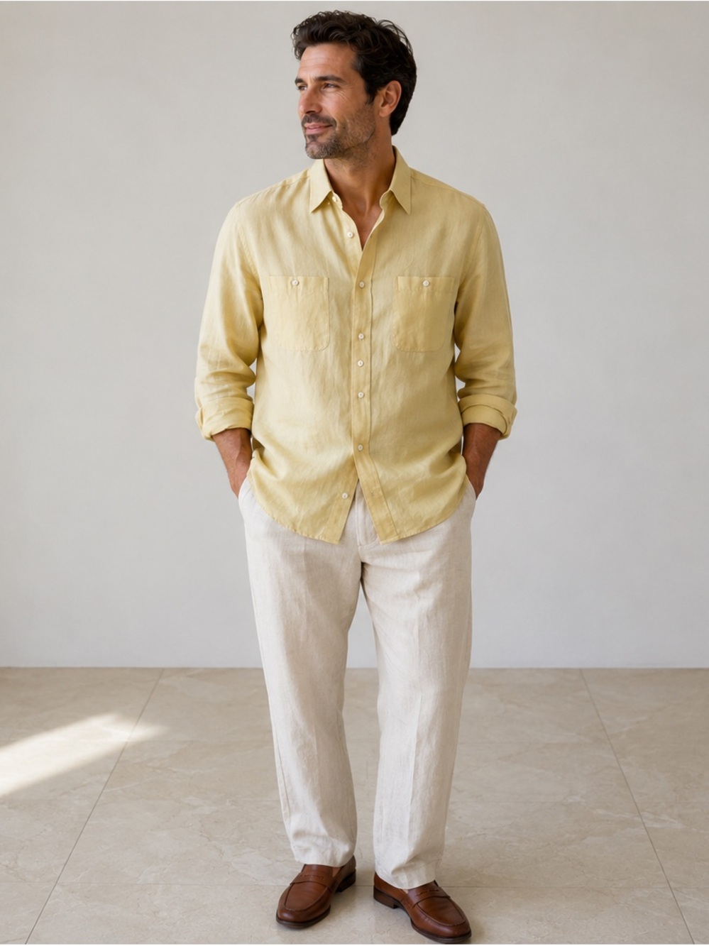 Men's Light Yellow Linen Button-Up Shirt. BB22